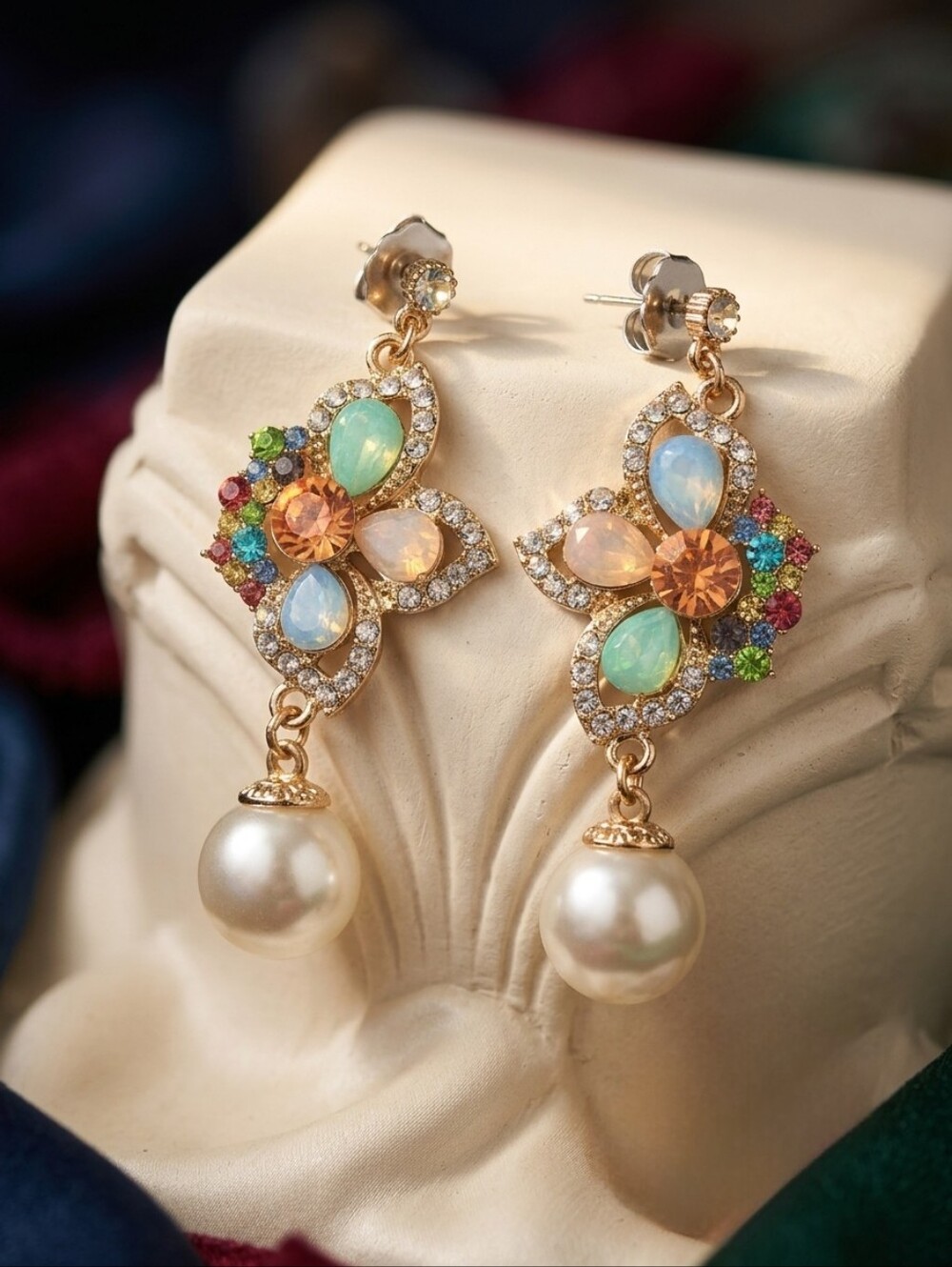 Multicolored Crystal & Faux Pearl Gold-Tone Drop Earrings Vintage Revival Boho